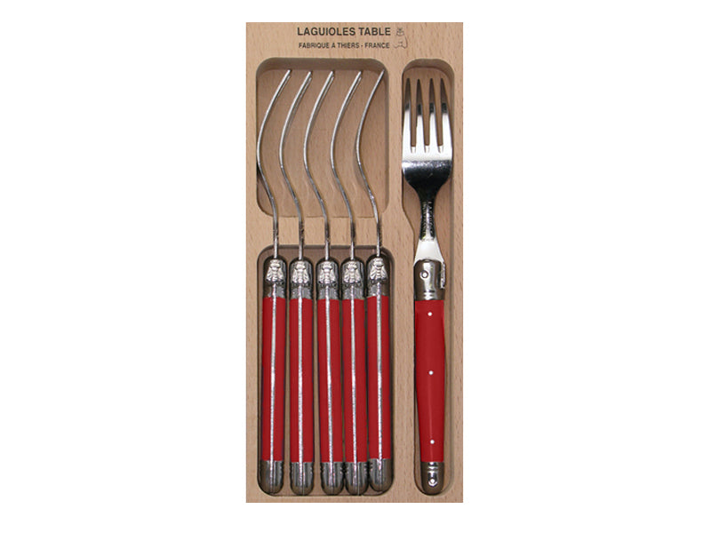 Set of 6 vibrant red forks with stainless steel and resin handles, featuring Laguiole Bee emblem, ideal for stylish dining.