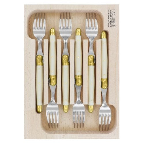 Elegant Verdier Fork Set with ivory handles and brass bolsters, featuring durable stainless steel blades for fine dining.