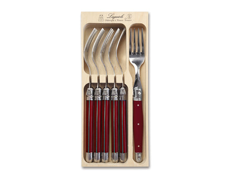 Set of 6 elegant red forks with stainless steel and resin handles, featuring the Laguiole bee emblem, in a gift tray.