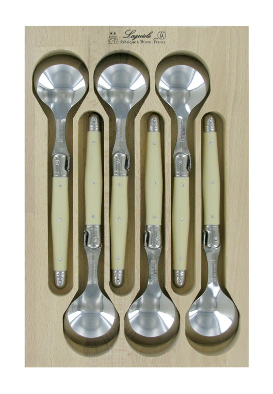 Set of 6 ivory soup spoons with resin handles and Laguiole Bee, crafted in France for elegant dining.