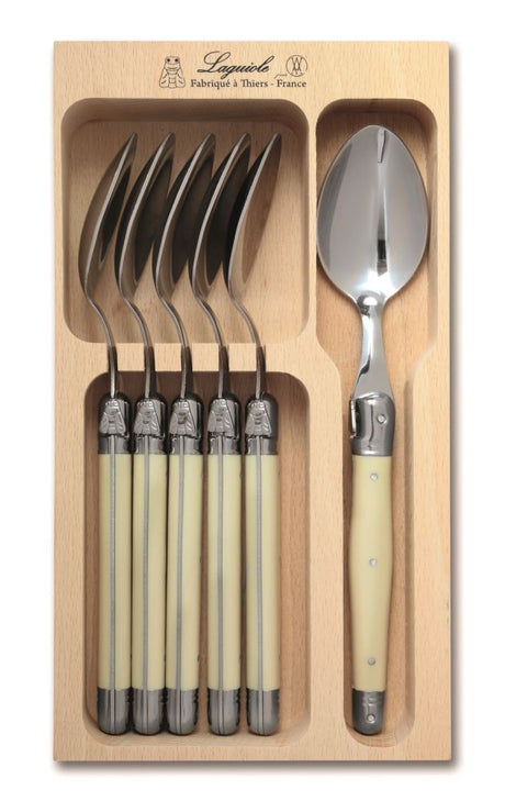 Elegant six-piece spoon set with stainless steel and ivory resin handles, featuring the Laguiole Bee decoration.
