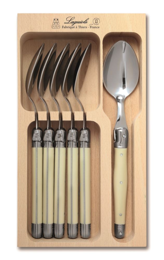 Elegant six-piece spoon set with stainless steel and ivory resin handles, featuring the Laguiole Bee decoration.