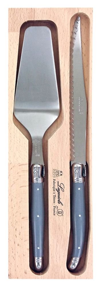 Premium Mouse Grey cake slice server set with stainless steel and vibrant resin handles, featuring the iconic Laguiole Bee.