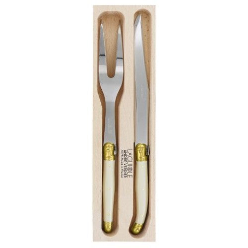 Elegant Verdier Carving Set in Ivory and Brass with stainless steel blades, featuring Laguiole craftsmanship and a rustic wooden gift tray.