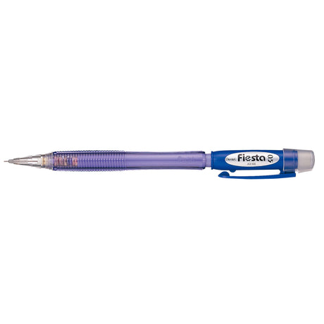 Set of 12 Pentel Fiesta 0.5mm mechanical pencils with blue barrels, ridged grips, erasers, and stylish design.