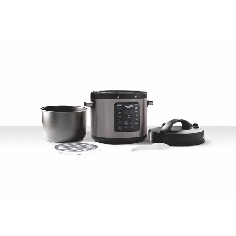 Sunbeam Crock Pot Multi Cooker with 5.7L capacity and 8-in-1 functionality, featuring easy steam release and dishwasher-safe pot.