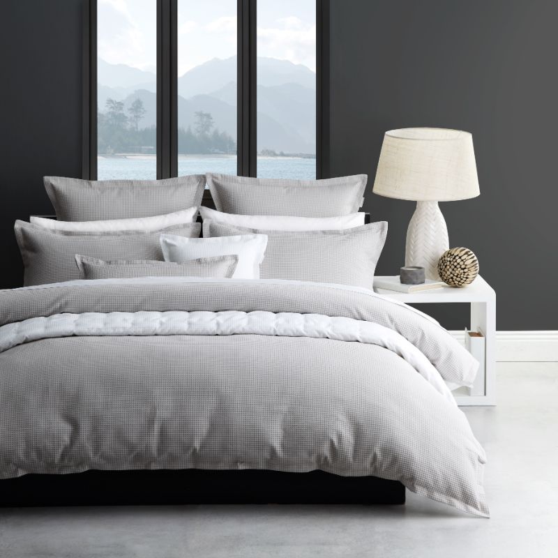 Luxurious Ascot Pewter double duvet cover set with textured waffle weave and self-flange, includes two pillowcases.