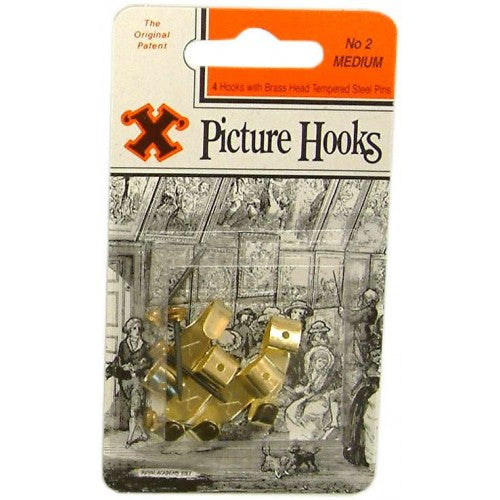 Brass plated steel picture hooks, pack of 4, perfect for hanging artwork and frames securely without damaging walls.