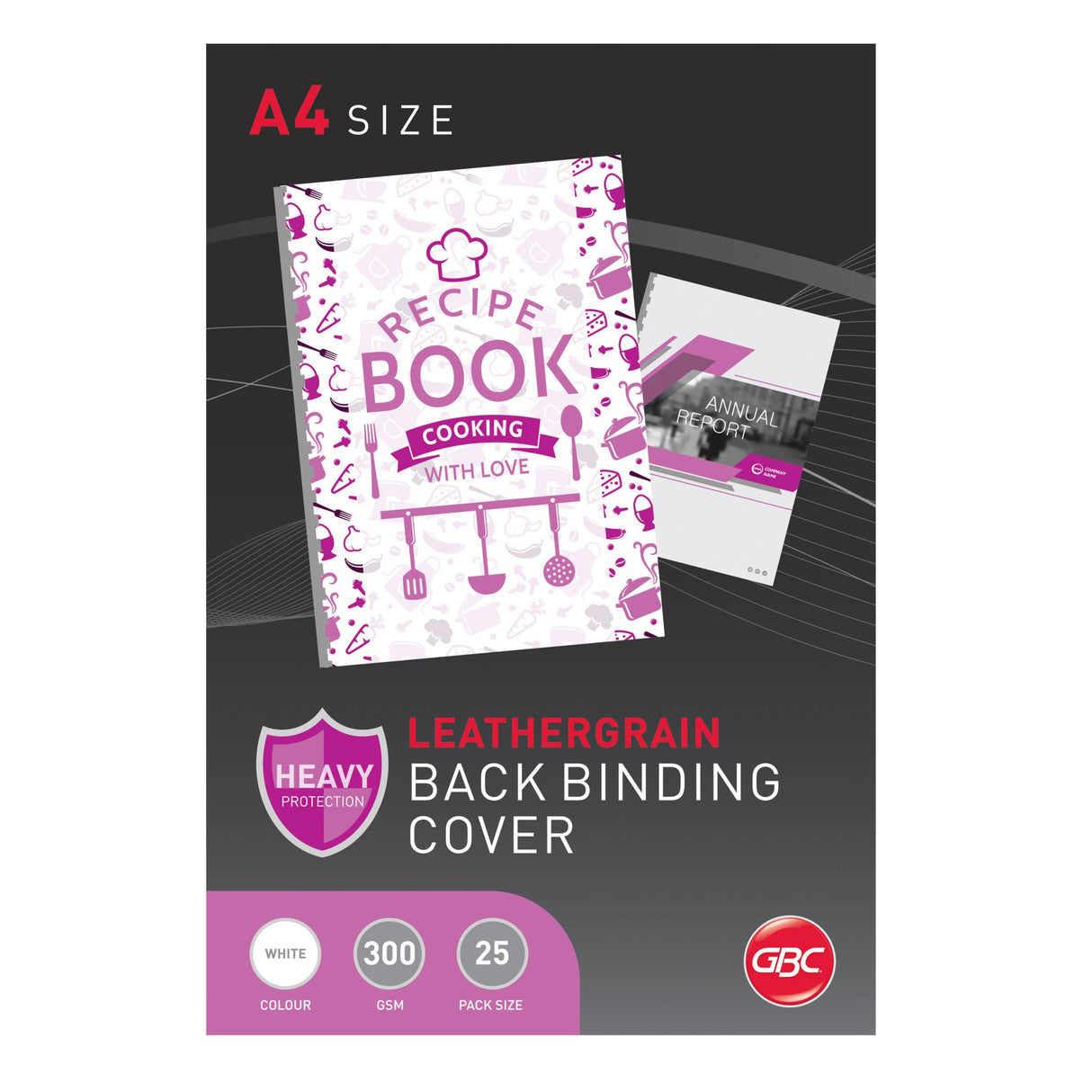 White GBC Leathergrain Covers pack of 25, embossed leather finish for professional document presentation.