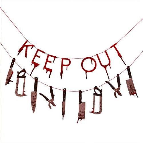 Spooky Bad Blood Keep Out Bunting Banner with chilling 'Keep Out' message and 12 unique weapon designs, perfect for Halloween decor.
