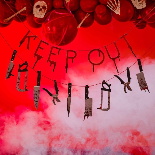 Spooky Bad Blood Keep Out Bunting Banner featuring 12 weapon designs, ideal for Halloween decor and themed parties.