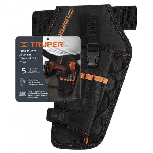 TRUPER Battery Drill Apron with 6 pockets, tape clip, and durable design for organized tool management on job sites.