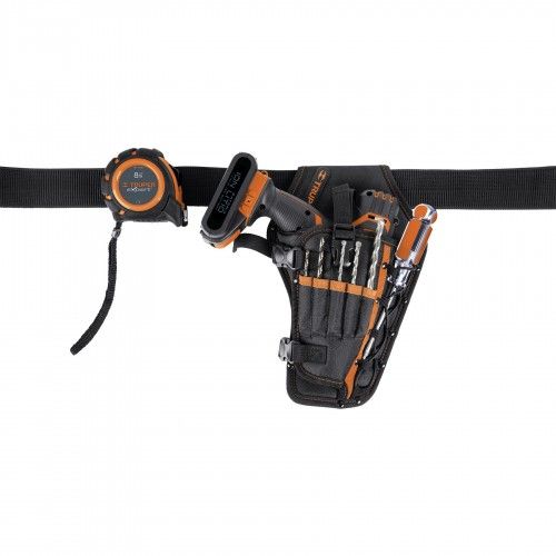 TRUPER Battery Drill Apron with 6 pockets, tape clip, and adjustable belt for organized tool management.