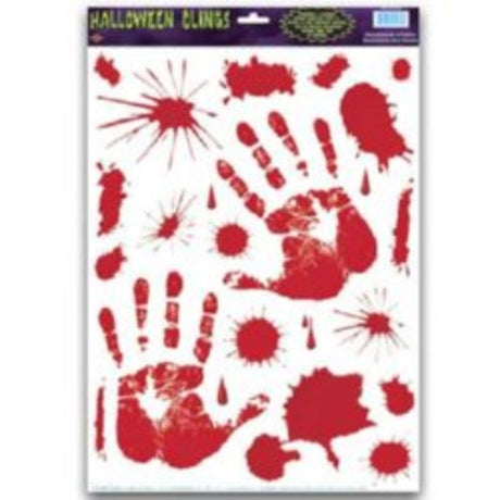 Pack of 22 bloody handprint window clings for Halloween, perfect for spooky decor on windows and doors.