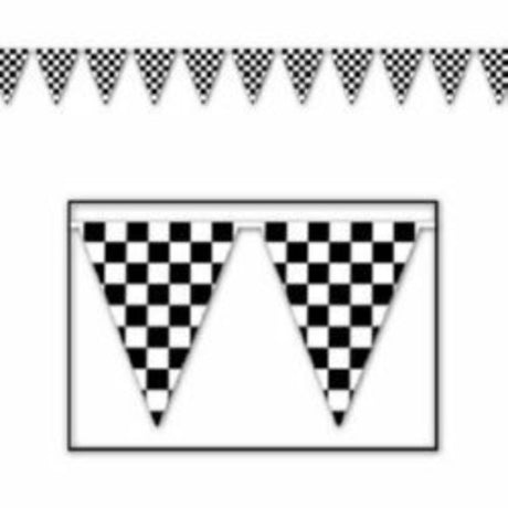 Black and white checkered pennant banner, 12 flags on 3.65m string, perfect for festive indoor and outdoor celebrations.