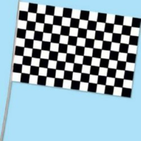 Checkered flag plastic (28cm x 43cm) with wooden dowel, ideal for car races and themed events, durable and vibrant.
