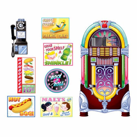 Pack of 8 vibrant cutout props featuring retro soda shop signs and a jukebox for fun nostalgia at parties and events.