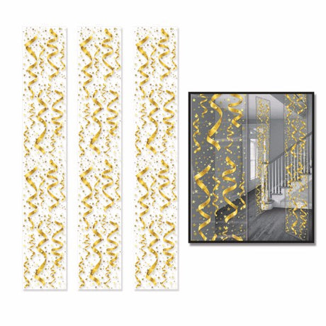 Gold streamers and stars hanging decorations by Beistle, clear plastic, 30cm x 1.83m, pack of 3 for festive occasions.