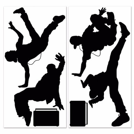 Colorful 80's-themed breakdancer and boombox silhouettes, perfect for retro party decor.