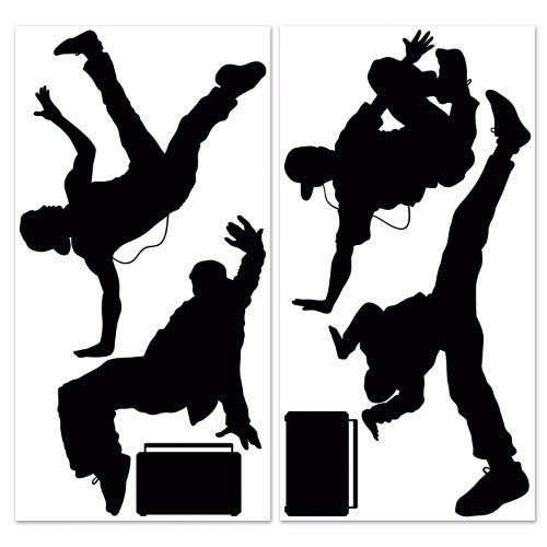 Colorful 80's-themed breakdancer and boombox silhouettes, perfect for retro party decor.