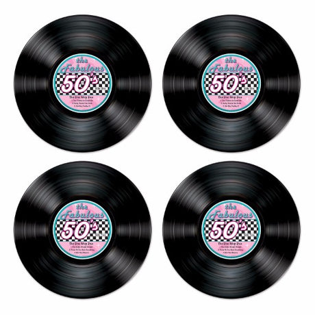 Set of 4 vibrant 35cm cardboard cutouts capturing the essence of the fabulous 50s, perfect for retro-themed events.