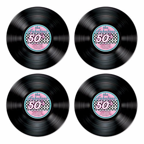Set of 4 vibrant 35cm cardboard cutouts capturing the essence of the fabulous 50s, perfect for retro-themed events.