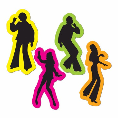 Colorful 70's retro silhouettes cutouts, 36cm tall, perfect for themed parties and home decor, pack of 4.