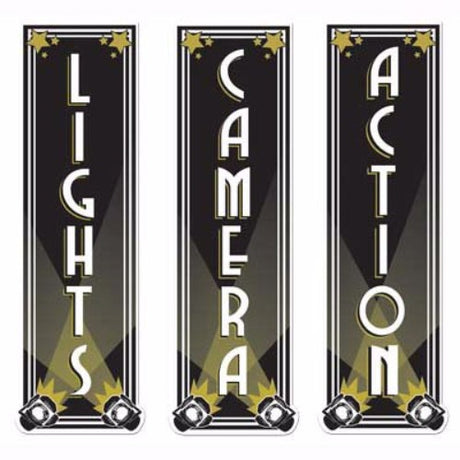 Vibrant Cutouts Lights Camera Action Pack of 3, 50cm, double-sided decorations for movie-themed events and parties.