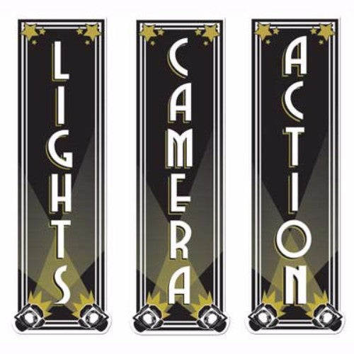 Vibrant Cutouts Lights Camera Action Pack of 3, 50cm, double-sided decorations for movie-themed events and parties.