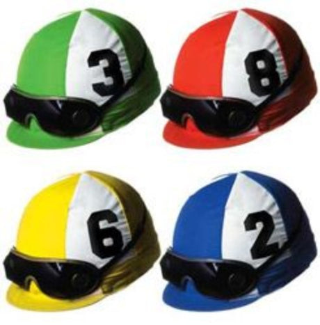 Vibrant Cutouts Jockey Helmets - Pack of 4, double-sided designs, 35cm, ideal for themed parties and events.