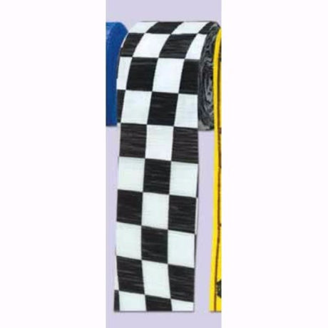 Black and white checkered crepe streamer, 6cm wide and 9 metres long, perfect for party decorations and festive occasions.