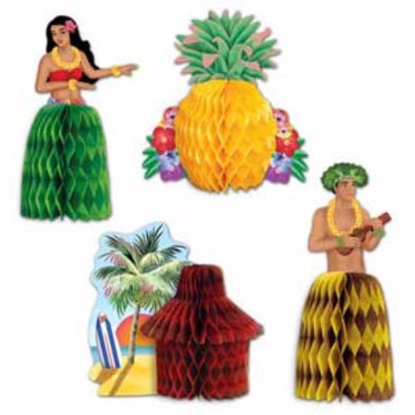 Bright Hawaiian-themed mini centrepieces, 13cm high, perfect for luau parties and summer gatherings, pack of 4.