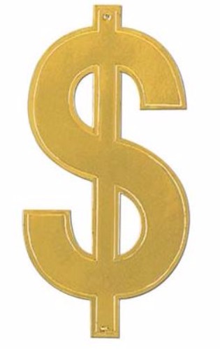 Gold Dollar $ Sign Foil Cardboard Cutout, 40cm, double-sided decoration for celebrations and financial themes.