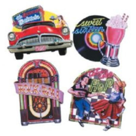 Vibrant 50's themed cardboard cutouts, 40cm each, pack of 4, double-sided for bold decorations at any event.