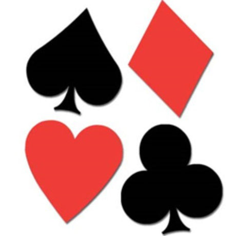 Pack of 4 cardboard cutouts featuring Spade, Heart, Club, and Diamond symbols, each 43cm, double-sided for events.