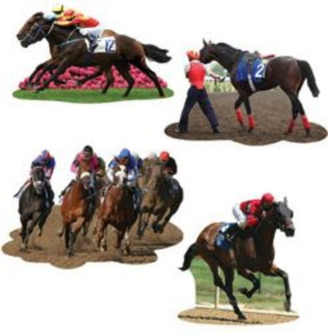 Pack of 4 vibrant horse racing cutouts, 35cm, double-sided for festive decorations and themed events.