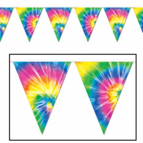 Colorful 12 pennant tie-dyed banner, 25cm high, 3.65m long, perfect for outdoor party decorations.