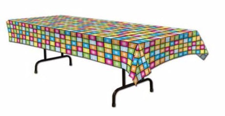 Vibrant disco squares plastic tablecover, 137cm x 274cm, perfect for retro-themed parties and easy to clean.