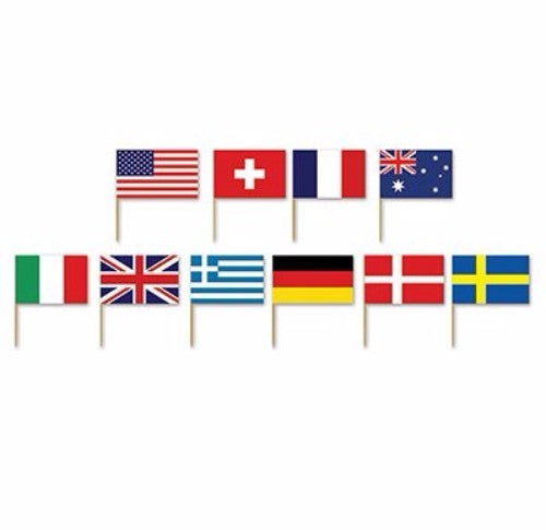 Pack of 50 colorful 7cm high international flags, perfect for events, parties, and decorations celebrating diversity.
