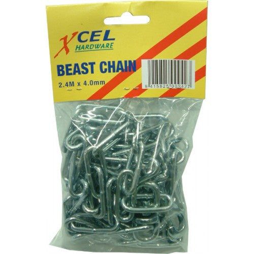 Heavy-duty 8' galvanized steel chain with swivel for securely tethering goats and large dogs outdoors.
