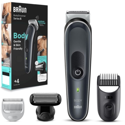 Braun BG5370 body groomer in black with SkinShield tech for gentle trimming, waterproof design, and 100-min cordless runtime.