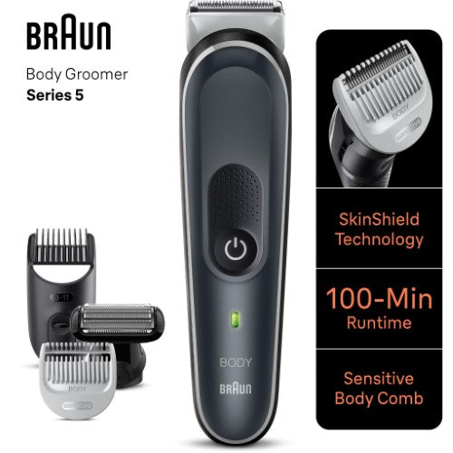 Braun BG5370 body groomer in sleek black, featuring SkinShield technology for safe, versatile grooming from chest to groin.