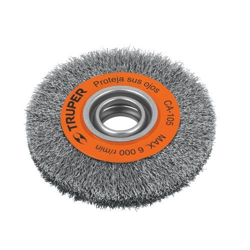 Crimped wire wheel for bench grinders, 6" diameter, ideal for surface cleaning and metal finishing with durable bristles.