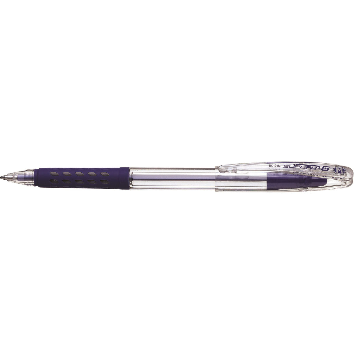 Pentel Superb G Ballpoint Pen pack, 12 pens with rubber grip, transparent barrels, 1.0mm line width, eco-friendly design.
