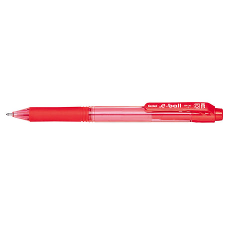 PENTEL E-BALL retractable ballpoint pens in red, 1.0mm tip, pack of 12, with comfortable grip and eco-friendly design.