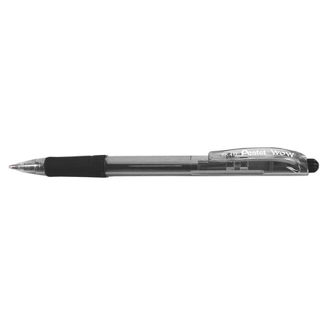 Set of 12 Pentel Wow retractable black ballpoint pens with 0.7mm tip, featuring a slim design and comfortable grip.