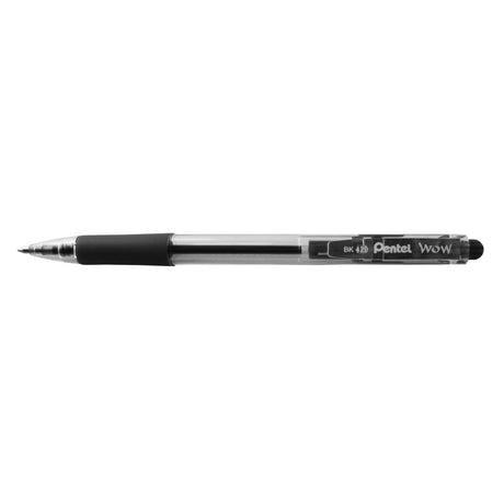 Set of 12 Pentel Wow retractable ballpoint pens with 1.0mm tip, black ink, rubber grip, and pocket clip for smooth writing.