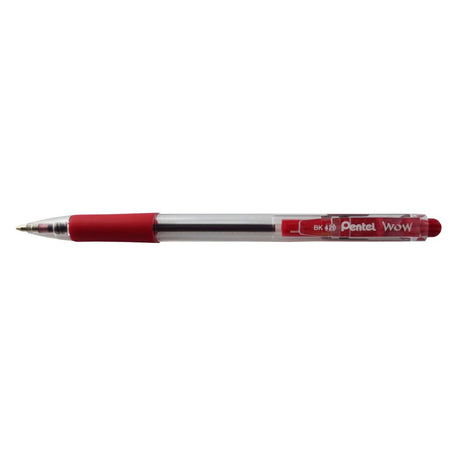 Pack of 12 Pentel Wow retractable ballpoint pens in red, featuring a comfortable grip and 1.0mm tip for smooth writing.