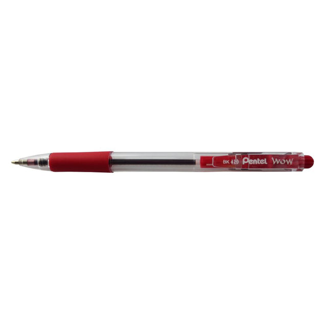 Pack of 12 Pentel Wow retractable ballpoint pens in red, featuring a comfortable grip and 1.0mm tip for smooth writing.