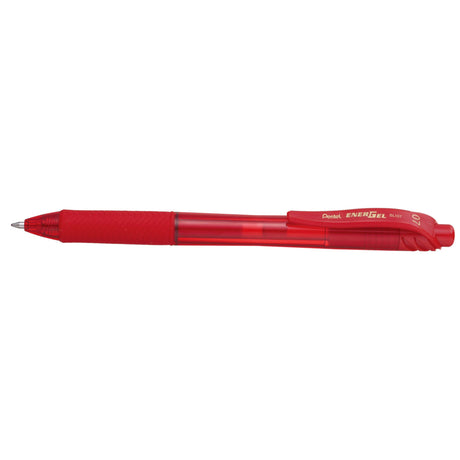 PENTEL ENERGEL-X 0.7mm retractable red gel roller pens, pack of 12, featuring smooth ink, ergonomic grip, and eco-friendly design.